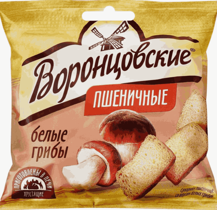 СУХАРИКИ ВОРОНЦОВСКИЕ 80Г ПШЕНИЧНЫЕ СО ВКУСОМ БЕЛЫХ ГРИБОВ СЛАЙСЫ
