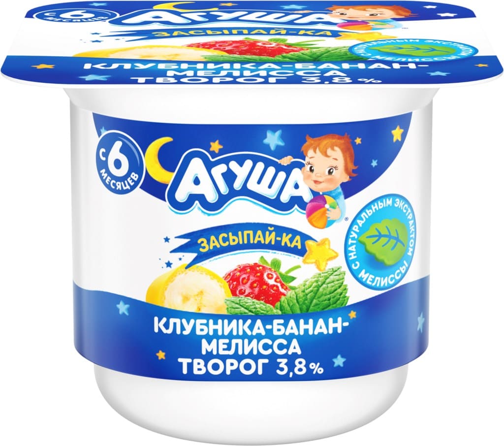 ТВОРОГ АГУША ЗАСЫПАЙ-КА 3,8% 100Г КЛУБНИКА-БАНАН-МЕЛИССА ФРУКТОВЫЙ