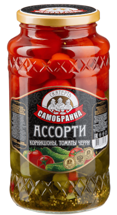 АССОРТИ ОВОЩНОЕ СКАТЕРТЬ-САМОБРАНКА 1415МЛ КОРНИШОНЫ ТОМАТЫ ЧЕРРИ СТ