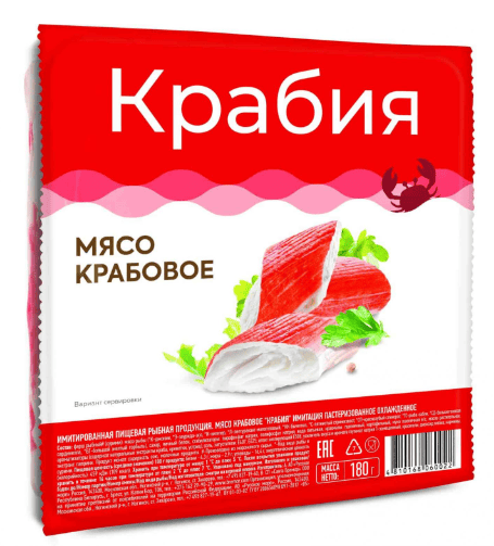 ПРОДУКЦИЯ РЫБНАЯ КРАБОВОЕ МЯСО КРАБИЯ 180Г ИМИТАЦИЯ ПАСТЕРИЗОВАННОЕ ВАК/УП