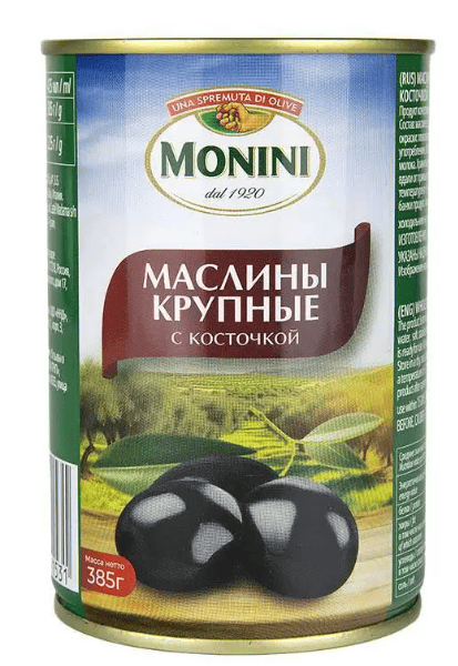 МАСЛИНЫ МОНИНИ 385Г КРУПНЫЕ С КОСТОЧКОЙ ЖБ С КЛЮЧОМ