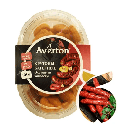 СУХАРИКИ АВЕРТОН 100Г БАГЕТНЫЕ СО ВКУСОМ ОХОТНИЧЬИХ КОЛБАСОК КРУТОНЫ КОРРЕКС