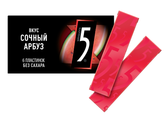 РЕЗИНКА ЖЕВАТЕЛЬНАЯ 5 15,6Г СО ВКУСОМ СОЧНЫЙ АРБУЗ Б/САХАРА