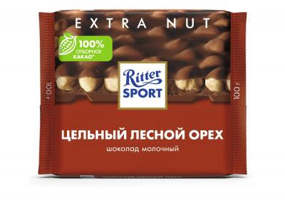 ШОКОЛАД РИТТЕР СПОРТ ЭКСТРА 100Г МОЛОЧНЫЙ С ЦЕЛЬНЫМ ЛЕСНЫМ ОРЕХОМ