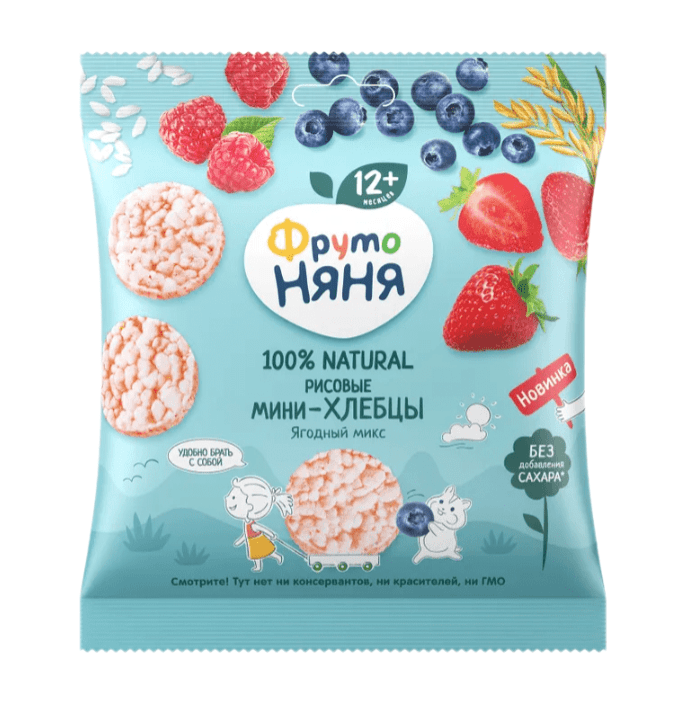МИНИ-ХЛЕБЦЫ ФРУТОНЯНЯ 30Г РИСОВЫЕ С ЯБЛОКОМ КЛУБНИКОЙ ЧЕРНИКОЙ МАЛИНОЙ Д/П