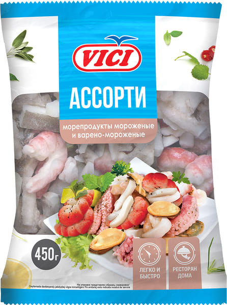 АССОРТИ ВИЧИ 450Г ИЗ МОРЕПРОДУКТОВ МОРОЖЕННЫХ И ВАР/МОРОЖЕННЫХ ИЗ СУРИМИ
