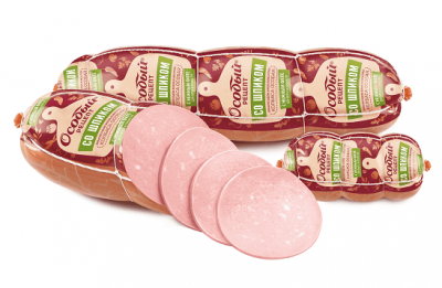 КОЛБАСА ОСОБЫЙ РЕЦЕПТ КГ СО ШПИКОМ ИЗ МЯСА КУР ВАРЕНАЯ ПОЛИАМИД