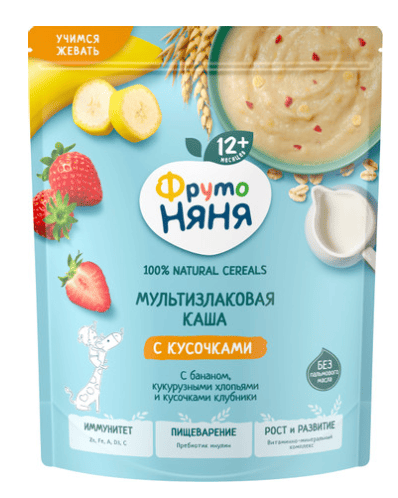 КАША ФРУТОНЯНЯ 190Г МОЛОЧ МУЛЬТИЗЛАК БАНАН КУКУРУЗ ХЛОПЬЯ КУСОЧ КЛУБНИКИ Б/Р