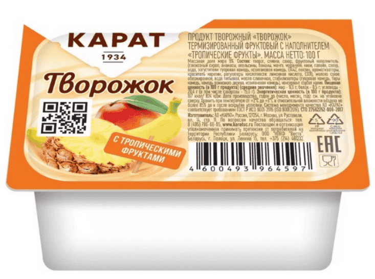 ПРОДУКТ ТВОРОЖНЫЙ КАРАТ ТВОРОЖОК 100Г ФРУКТ С НАПОЛНИТ ТРОПИЧЕСКИЕ ФРУКТЫ 9%