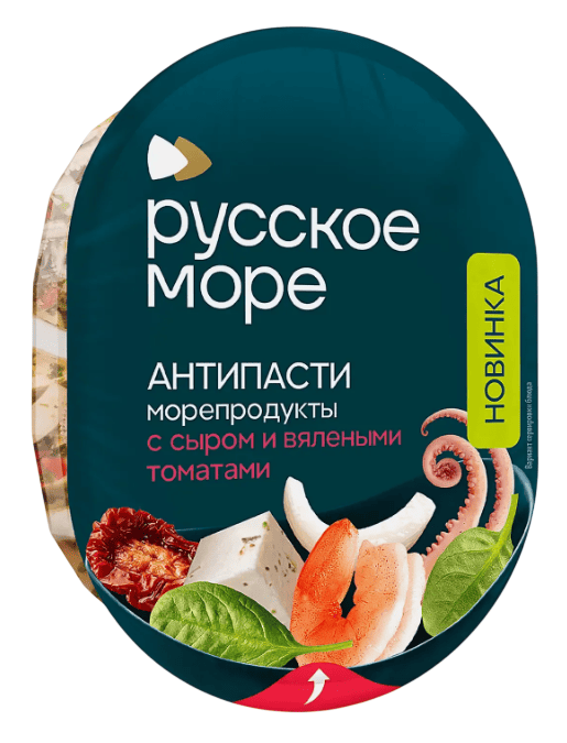 КОКТЕЙЛЬ ИЗ МОРЕПРОДУКТОВ РУССКОЕ МОРЕ АНТИПАСТИ 180Г С ТВОРОЖ СЫРОМ И ВЯЛ ТОМАТ