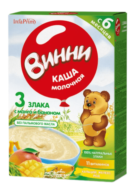 КАША ВИННИ 200Г МОЛОЧНАЯ 3 ЗЛАКА С МАНГО И БАНАНОМ