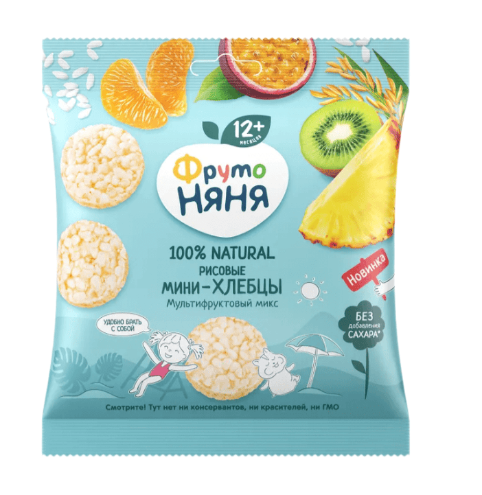 МИНИ-ХЛЕБЦЫ ФРУТОНЯНЯ 30Г РИСОВЫЕ С ЯБЛОКОМ И МУЛЬТИФРУКТОВЫМ СОКОМ Д/П