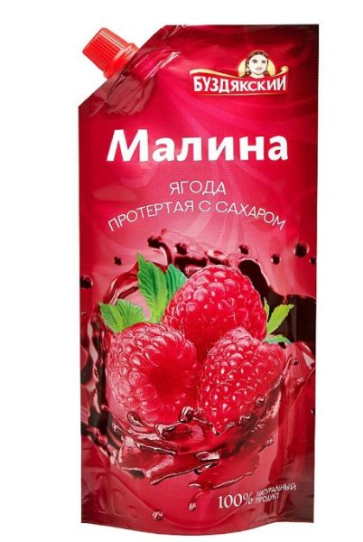 МАЛИНА БУЗДЯКСКИЙ 280Г ЯГОДЫ ПРОТЕРТЫЕ С САХАРОМ Д/ПАК
