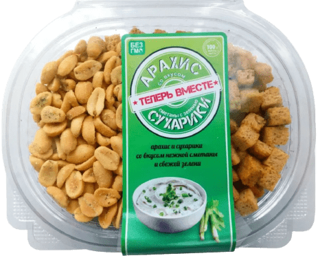 СУХАРИКИ И АРАХИС ТЕПЕРЬ ВМЕСТЕ 100Г СО ВКУСОМ СМЕТАНЫ С ЗЕЛЕНЬЮ