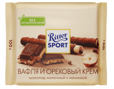 ШОКОЛАД РИТТЕР СПОРТ 100Г МОЛОЧНЫЙ ИЗ ОРЕХОВОГО КРЕМА И ВАФЛИ