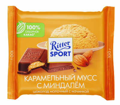 ШОКОЛАД РИТТЕР СПОРТ 100Г МОЛОЧНЫЙ КАРАМЕЛЬНЫЙ МУСС С МИНДАЛЕМ