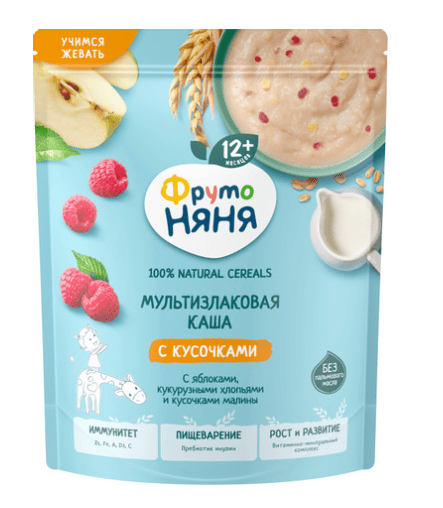 КАША ФРУТОНЯНЯ 190Г МОЛОЧ МУЛЬТИЗЛАК ЯБЛОКО КУКУРУЗ ХЛОПЬЯ И КУСОЧКИ МАЛИНЫ Б/Р