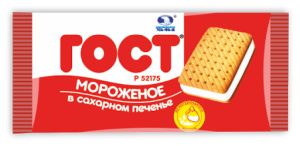 МОРОЖЕНОЕ ГОСТ ПЛОМБИР 100Г БРИКЕТ В САХАРНОМ ПЕЧЕНЬЕ