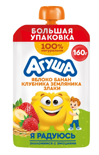 ПЮРЕ АГУША 160Г ИЗ ЯБЛОКА БАНАНА КЛУБНИКИ И ЗЕМЛЯНИКИ СО ЗЛАКАМИ ДОЙ-ПАК