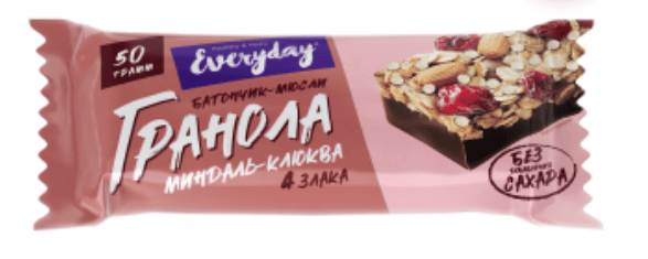 БАТОНЧИК МЮСЛИ ЭВЕРИДЭЙ ГРАНОЛА 50Г ГЛАЗИРОВАННЫЙ МИНДАЛЬ-КЛЮКВА