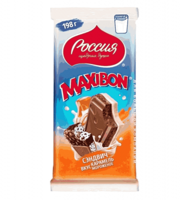 ШОКОЛАД РОССИЯ МАКСИБОН 198Г МОЛОЧ И БЕЛ С ПЕЧЕНЬЕМ СО ВКУСОМ КАРАМ И МОРОЖЕНОГО