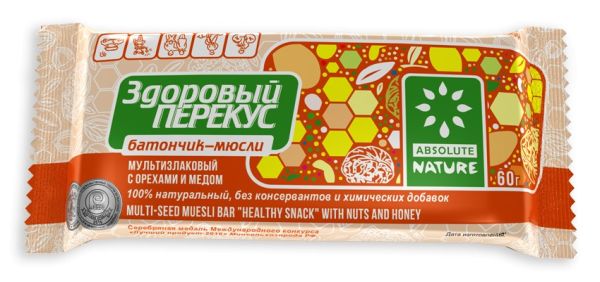 БАТОНЧИК МЮСЛИ ЗДОРОВЫЙ ПЕРЕКУС 60Г С ОРЕХАМИ И МЕДОМ